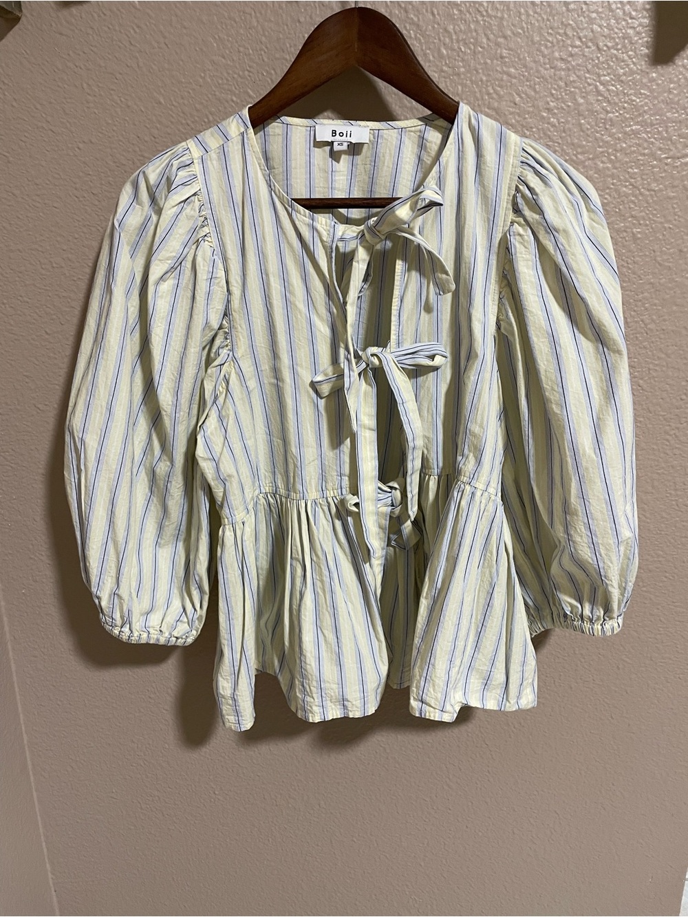 Boii Striped Tie-Front Peplum Blouse in Pale Yellow & Blue
